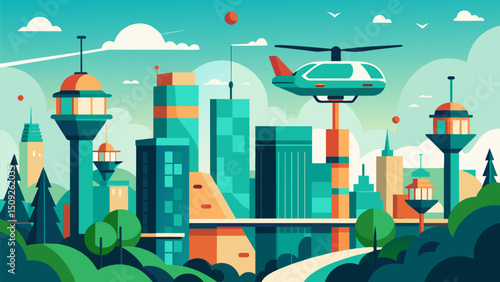 A futuristic metropolis where air taxis powered by renewable energy soar above treelined streets and verdant public spaces.. Vector illustration