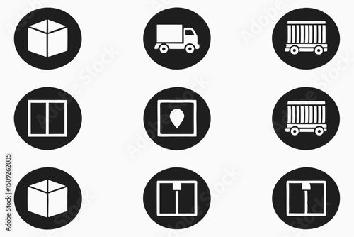 Twelve high quality black delivery and logistics icons for websites and applications