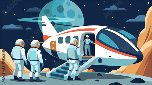 A group of astronauts boarded the eVTOL ready for their journey to the distant crater colony on the far side of the moon.. Vector illustration