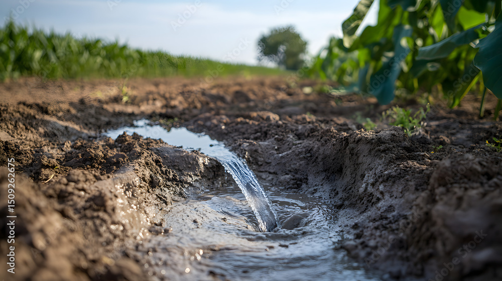 Fototapeta premium Water trickling from an irrigation well onto dry soil in a rural agricultural field, representing drought and water scarcity