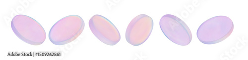 3D holographic coins with glass effect floating. Chrome holographic badge and crystal disk shine in neon purple light. Soft iridescent pastel disks floating in sequence on white background.