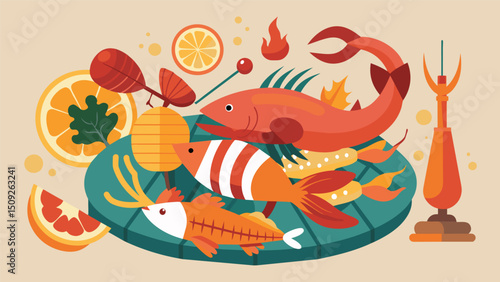 A mouthwatering selection of grilled seafood including shrimp lobster and fish adds to the diversity and decadence of the churrascaria experience.. Vector illustration