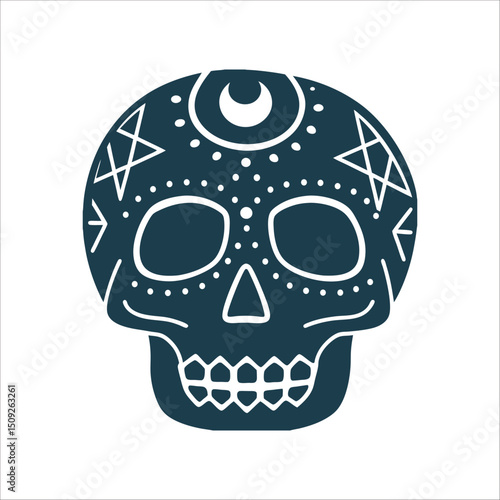 Mesoamerican Skull Calavera with Crescent Moon