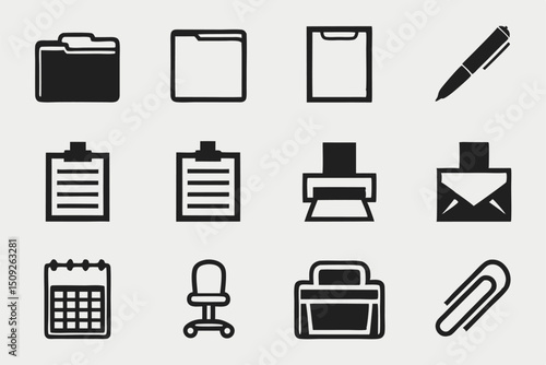 Twelve high quality black vector icons of common office supplies and tools