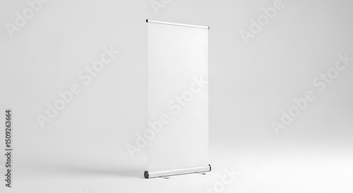 Blank White Roll Up Banner Stand On Plain Light Background For Advertising.