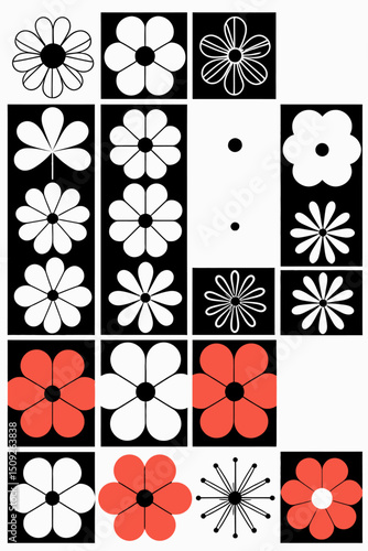 Retro Flower Power Pattern-Black White and Red Floral Design-Vintage Inspired Groovy Art-Trendy 60s 70s Style-Modern Flower Motif-Daisy Illustration-Graphic Print