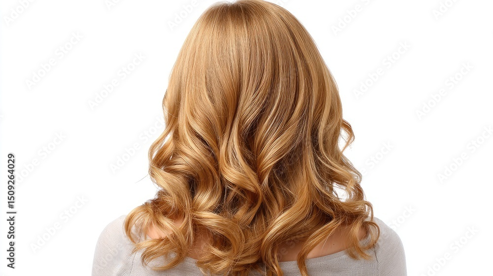Fototapeta premium Blonde woman showcases her long, wavy hair and white top in soft light, creating an elegant portrait with a serene expression.