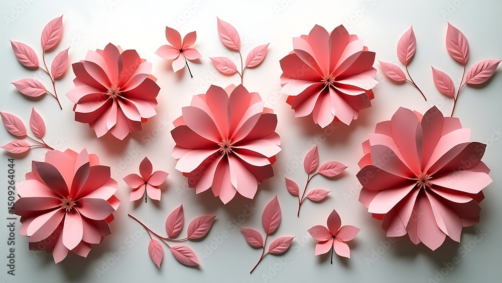 Fototapeta premium Arrangement of stylized paper flowers and leaves in soft pink tones