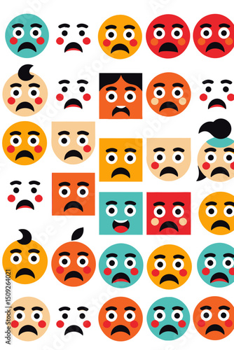 Emotional Expression Seamless Pattern-Cute Cartoon Faces-Variety of Expressions in Circles and Squares-Ideal for Backgrounds-Vector illustration