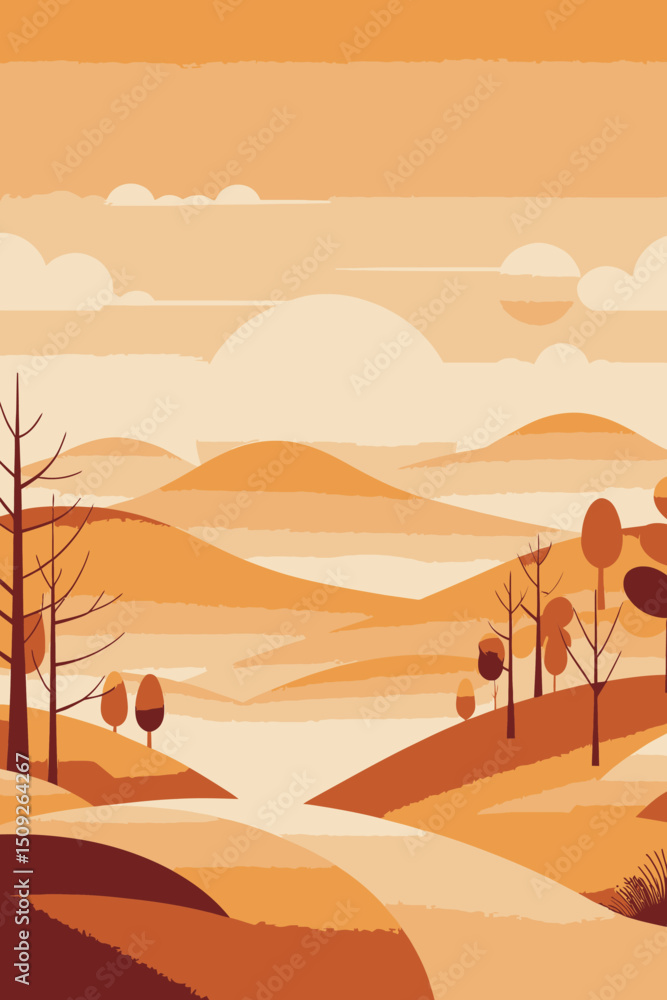 Fototapeta premium Orange Autumn Landscape Illustration-Serene Sunset Over Rolling Hills-Minimalist Nature Art-Fall Colors and Peaceful Scene-Warm Tones Art Print