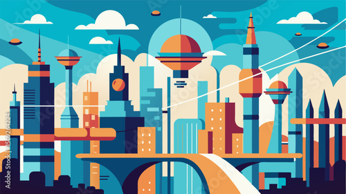 A futuristic air taxi skyline with towering bridges connecting sprawling cities and a neverending flow of eVTOLs navigating through the intricate maze.. Vector illustration