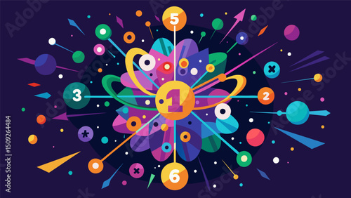 A colorful explosion of particles and numbers illustrating how quantum computing can make sense of overwhelming amounts of data.. Vector illustration