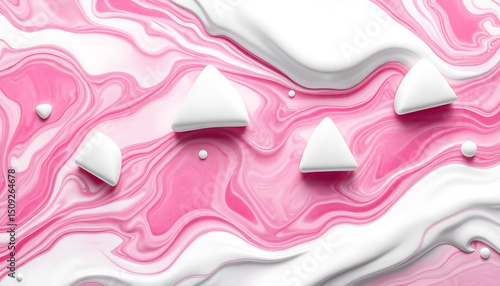 Artistic abstract composition with pink swirls and geometric white floating shapes