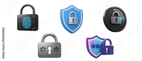 3D Cybersecurity Lock Icons – Secure Access, Digital Padlocks, Biometric & Password Shield Symbols, Tech Protection Graphics"