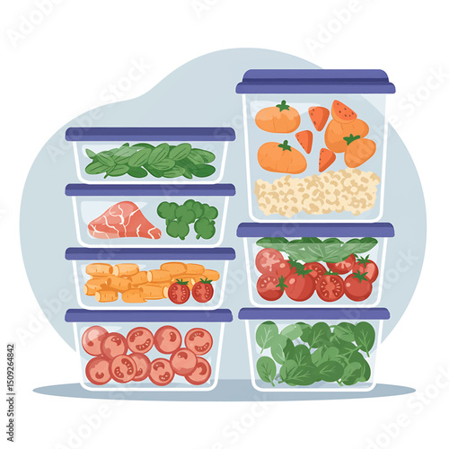 Healthy meal prep organized containers balanced food vector illustration