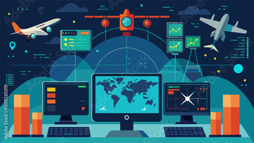 A hightech control center monitors and coordinates the movements of eVTOLs using tingedge software to regulate air traffic and prevent collisions.. Vector illustration