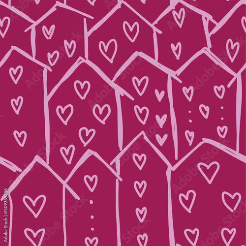 Doodle houses silhouettes with hearts seamless pattern hand drawn.