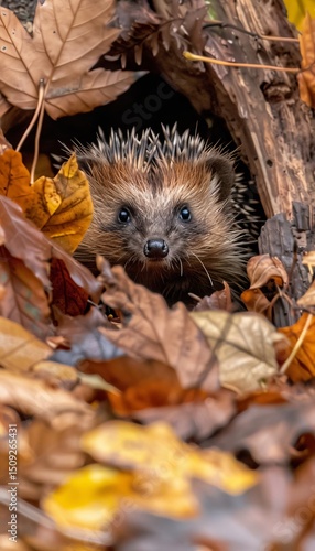 Charming hedgehog nestled in a cozy bed of colorful fallen leaves in autumn nature