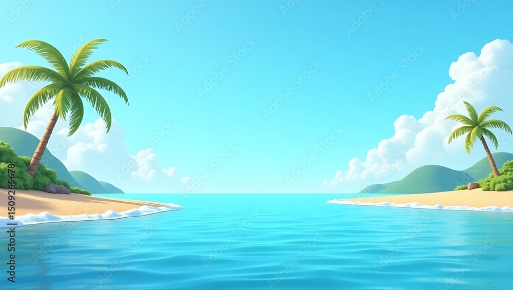 Obraz premium Peaceful tropical scenery with palm trees, sandy beaches and calm ocean