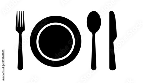 Fork, knife, spoon and plate set icons.