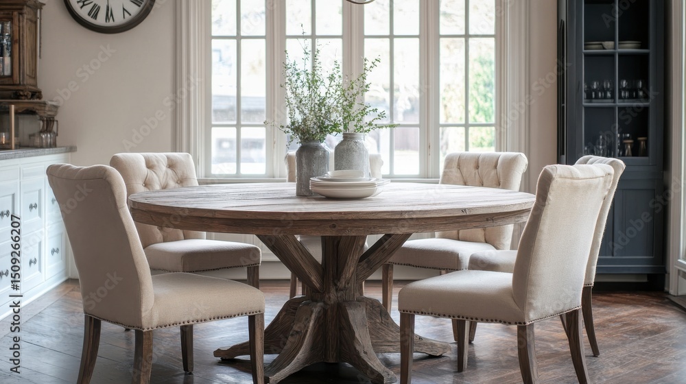 Round rustic table with beige fabric dining chairs in an interior space Round rustic table with beige fabric dining chairs in an interior space