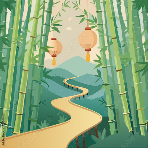 A bamboo forest with a winding trail and lanterns

