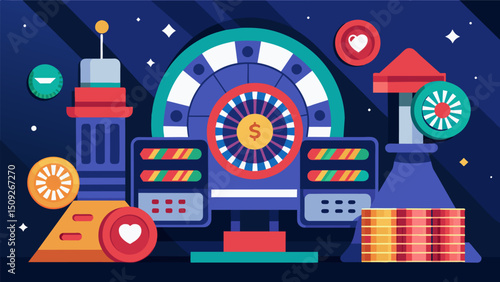 A futuristic casino with roulette wheels and slot machines showcasing data numbers and symbols instead of traditional currency.. Vector illustration