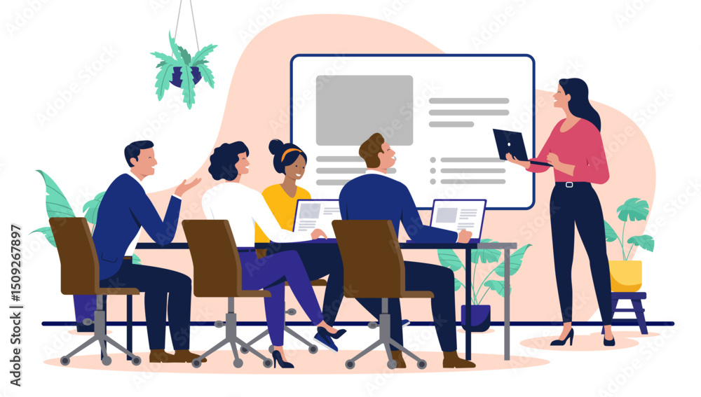 Business Meeting Presentation - Diverse Team Collaborates in Office Environment with Laptops and Screen for Discussion and Project Planning Business Meeting Presentation - Diverse Team Collaborates in Office Environment with Laptops and Screen for Discussion and Project Planning