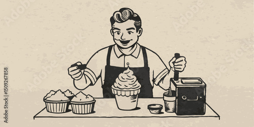 A person making ice cream monochrome vintage image. Flat vector illustration.