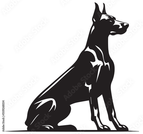 Black Doberman Pinscher Dog Silhouette Vector Illustration Sitting Profile View