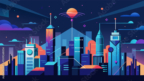 A futuristic cityscape illuminated by the constant pulsing of data as AI systems gather and analyze information to streamline processes and enhance everyday life.. Vector illustration