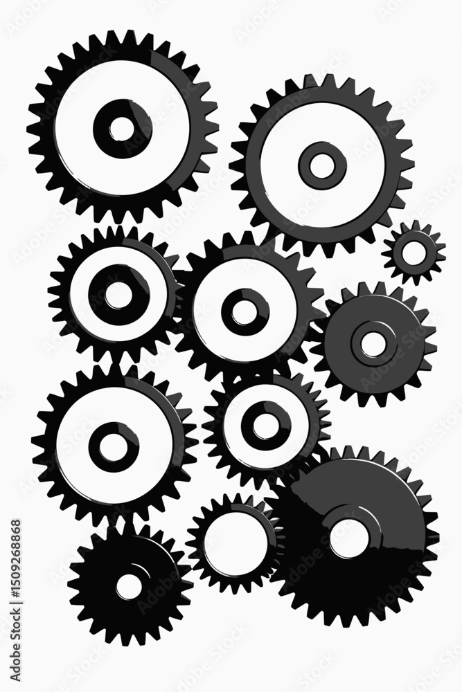 Black and White Gear Illustration-Mechanical Engineering Concept-Cogwheels Symbolizing Teamwork and Innovation-Abstract Design with Interlocking Gears for Business Solutions Black and White Gear Illustration-Mechanical Engineering Concept-Cogwheels Symbolizing Teamwork and Innovation-Abstract Design with Interlocking Gears for Business Solutions