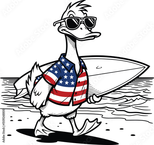 Cartoon patriotic duck surfing in summer