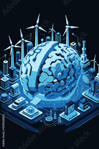 AI-Powered Smart City Concept - Futuristic Technology Integrating Wind Energy and Intelligent Systems - Digital Brain Controlling Sustainable Urban Development