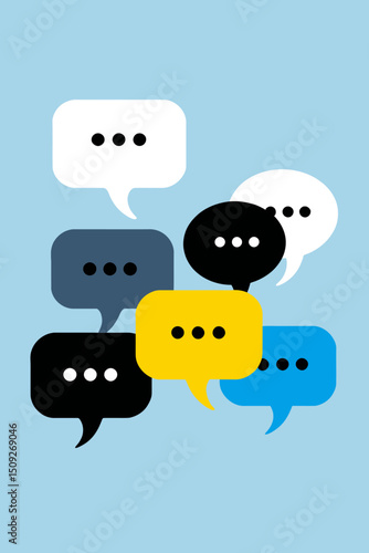 Colorful Speech Bubbles Illustration - Communication and Social Media Concept - Design of Talking and Messaging Icons on Blue Background