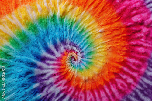 Close up of a vibrant tie dye pattern with swirling colors of the rainbow in a spiral design
