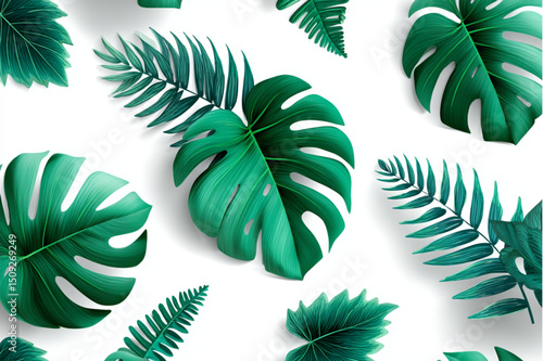 A botanical arrangement of monstera and fern leaves on a clean white background surface top down view shot