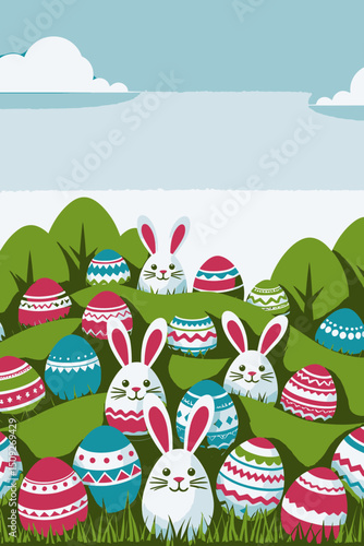 Happy Easter Illustration with Bunnies and Colorful Eggs - Spring Holiday Celebration Background - Festive Easter Scene with Cute Rabbits