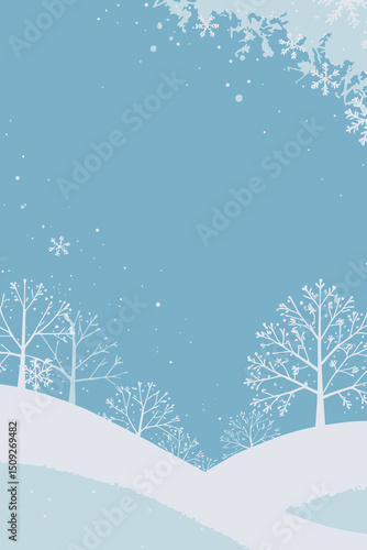 Magical Winter Landscape Illustration - Snowy Trees and Falling Snowflakes - Serene and Peaceful Winter Scene - Ideal for Holiday Designs and Backgrounds