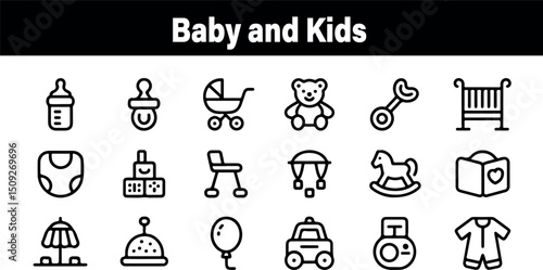 Adorable baby kids icons set collection cute childish line art graphic design elements crib teddy infant vector rattle