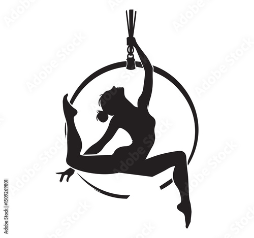Elegant Black and White Silhouette Woman Aerial Lyra Hoop Acrobatics Fitness Performance Art