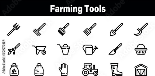 Farming tools icons set agriculture equipment collection black white simple design vector illustration can rake fork barn