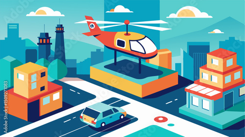 A busy street corner transformed into a minihelipad as air taxis land and take off with deliveries.. Vector illustration