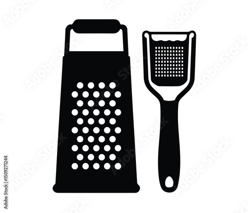 Grater and Peeler Silhouette Vector Black Kitchen Utensils Icon for Cooking and Culinary Graphics. grater line icon, Grater Vector, Cheese grater icon.