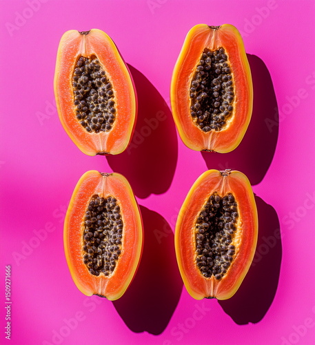 A tiny flat lay composition with halved papayas on a bold pink background. The orange fruits and black seeds contrast, strong shadows add depth, creating a modern, tropical, and artistic feel.