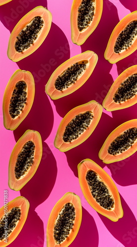 A vibrant vertical flat lay with papayas on a bold pink background. The orange fruits and dark seeds contrast beautifully, strong shadows creating a modern, tropical, and artistic feel.