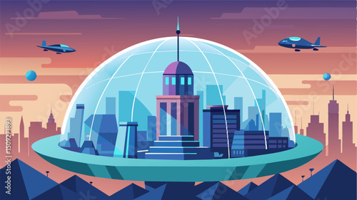 A massive dome enclosing a futuristic city with air taxis flying in and out at different levels creating a mesmerizing aerial display.. Vector illustration