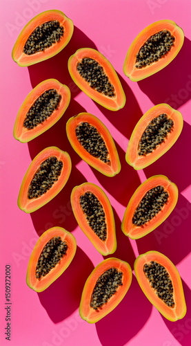 Vibrant halved papayas arranged on a bold pink background, casting dynamic shadows. A fresh, tropical, and modern composition perfect for food photography, summer themes, and creative design projects.