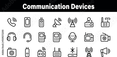 Collection of modern communication device icons set simple line style vector illustration phone radio media audio video