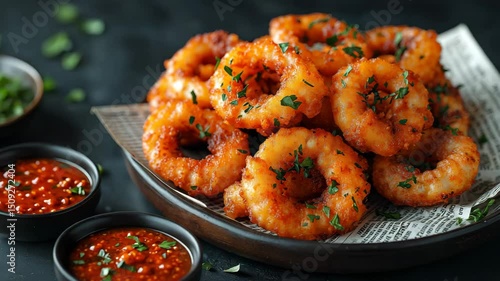 A tray of perfect, golden-brown deep-fried onion rings on top of newspaper with peri peri spice mix and peri peri sauce dressing in small bowls beside them.